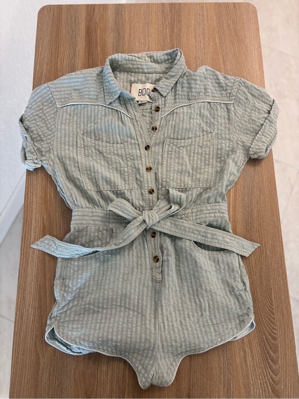 BDG Pale Blue Striped Button-Up Romper